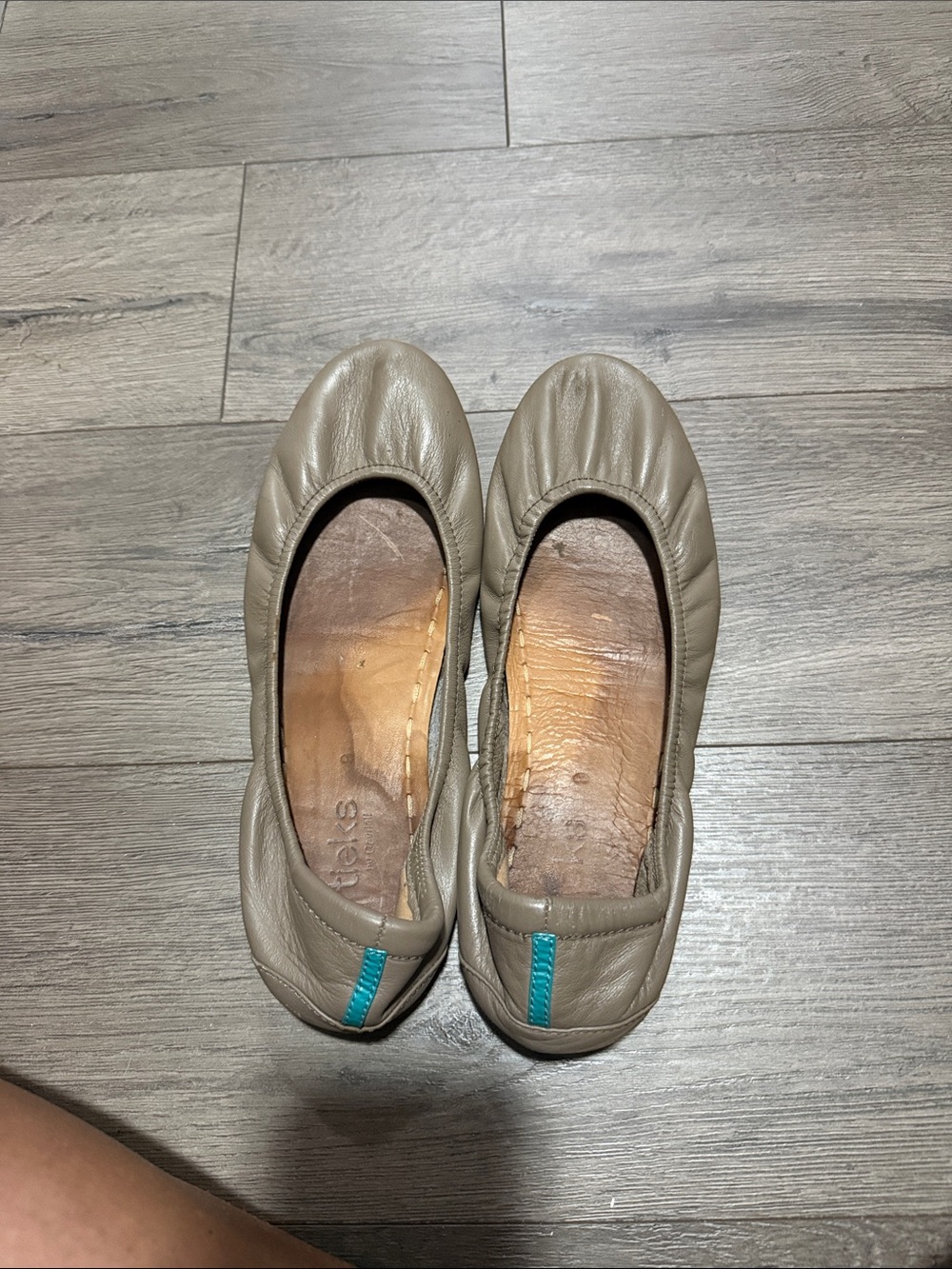 Tieks Taupe Leather Ballet Flats with Teal Tab
